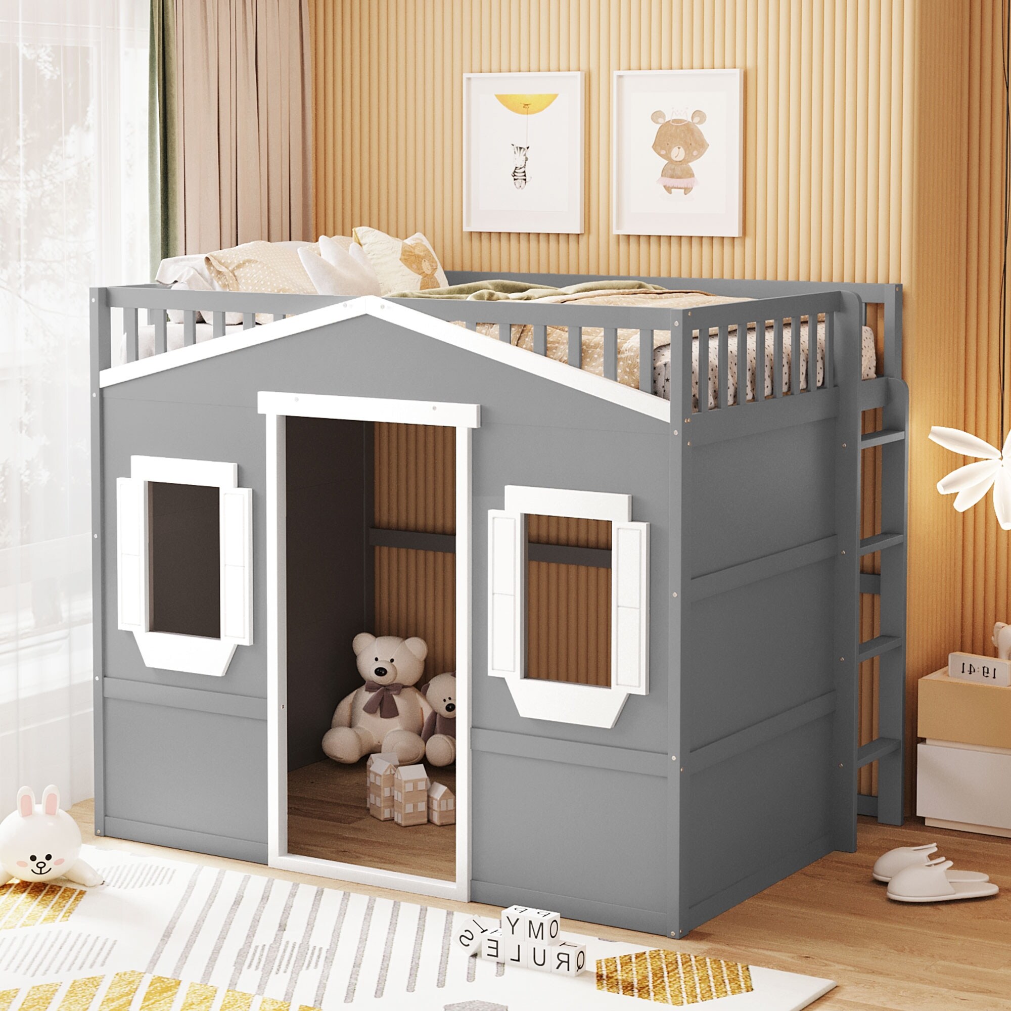House Loft Bed Full Kids Playhouse Bed Solid Wood Loft Bed Frame with Window and Ladder for Girls Boys Grey White
